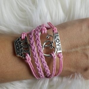 Love crown hearts pink silver infinity bracelet